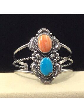 Sterling Silver Native American Cuff Bracelet Spiny Oyster Turquoise 38.3g 6.75”